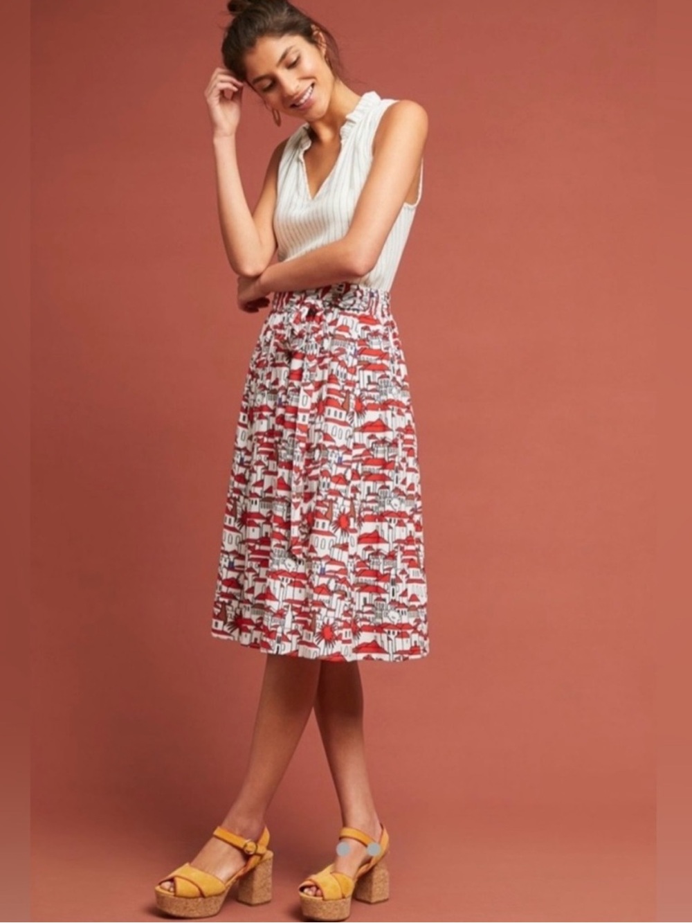 NWT Anthropologie Porridge Red Getaway Building Tie Skirt XS